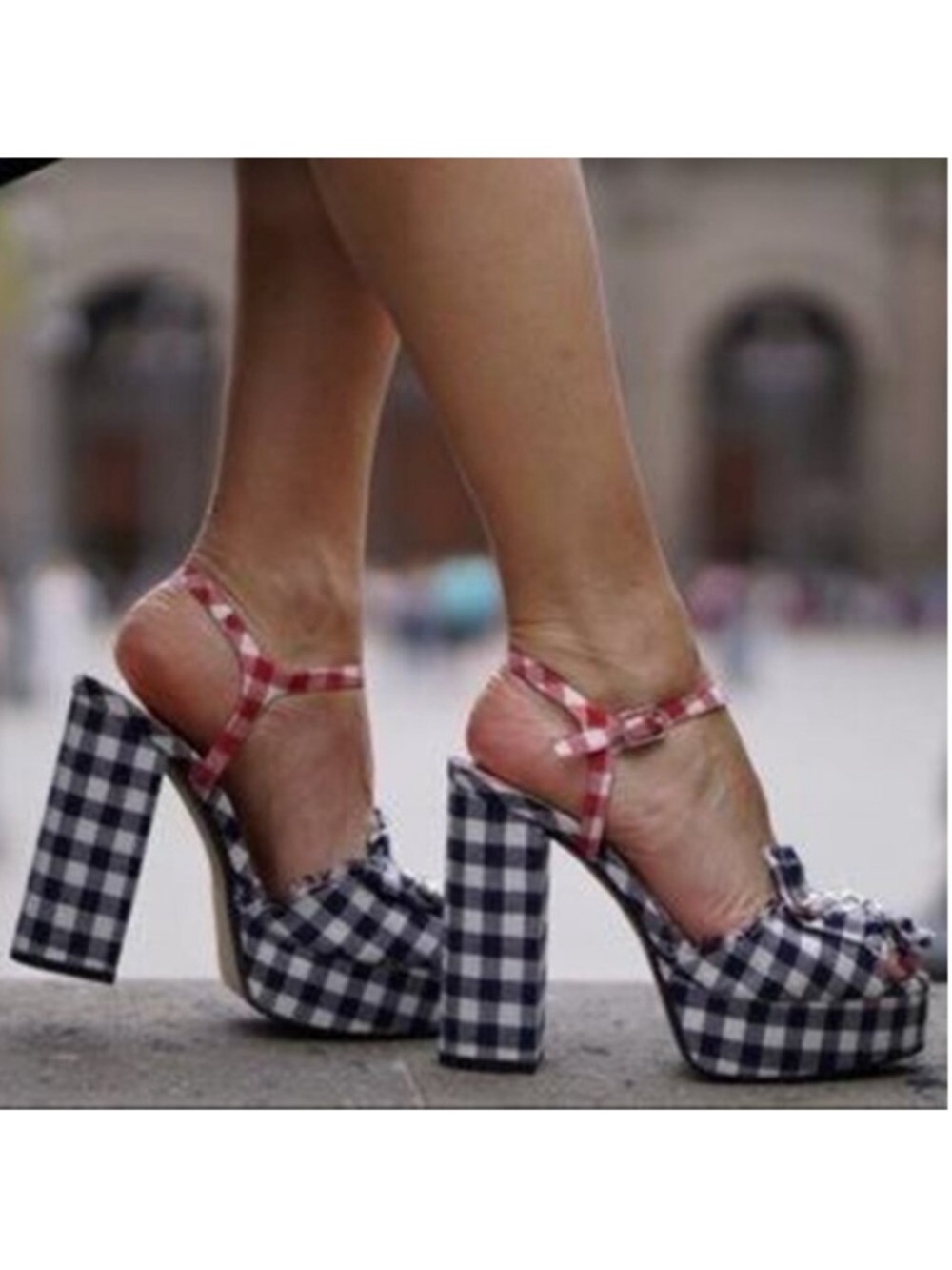 NWOT Zara Vichy Navy White Gingham Bejeweled Platform Heels Size 38 / 7.5
